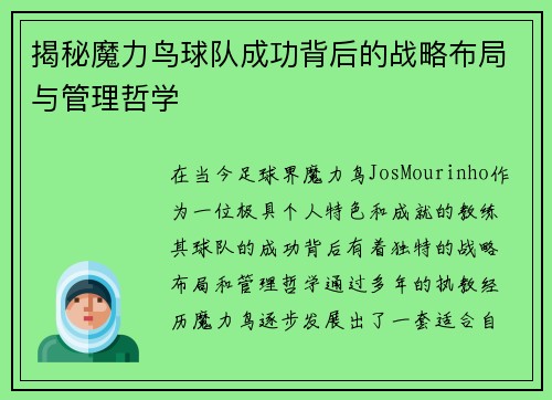 揭秘魔力鸟球队成功背后的战略布局与管理哲学